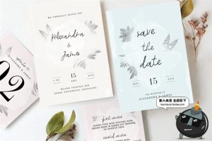 水彩画淡雅风格婚礼请柬请帖邀请函英文卡片PSD设计物料模板素材-设计猿