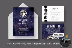 水彩月亮星空背景婚礼请柬请帖邀请函卡片设计物料PSD模板PS素材-设计猿