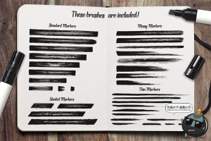 34款马克笔墨水笔绘画插画复古风效果brush笔触Ai矢量笔刷素材-设计猿