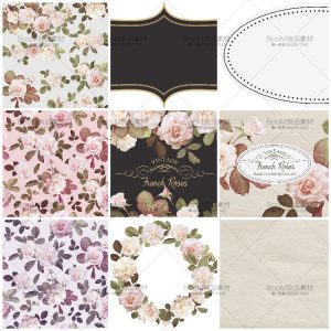复古淡雅写实玫瑰花朵叶子婚礼请柬卡片PSD背景PNG免抠设计PS素材-设计猿