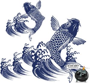 日式传统水彩绘画鲤鱼锦鲤鱼跳水跃龙门效果图案AI矢量设计素材-设计猿