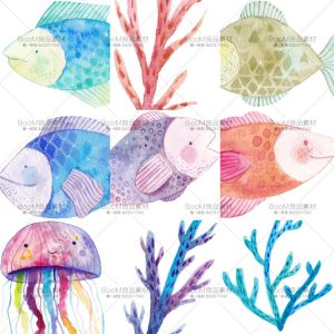 清新手绘水彩风海洋生物鱼儿水母背景图案PNG免抠美化AI设计素材-设计猿