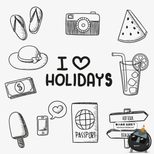 手绘黑白涂鸦简笔画装饰元素旅行夏日热气球图案PNG/AI素材矢量图-设计猿