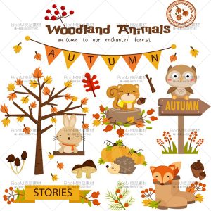 卡通可爱日韩秋插画兔子动物猫头鹰狐狸刺猬松鼠手账AI矢量图素材-设计猿