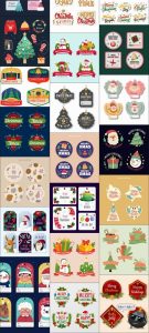 圣诞贴纸图案卡通手绘标签卡片节日老人树麋鹿海报AI矢量模板素材-设计猿