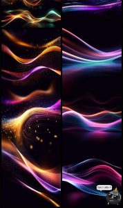 科幻抽象动感波浪金色粒子飘带光效线条海报装饰元素PSD模板素材-设计猿