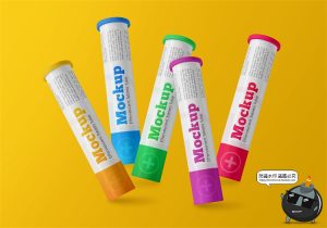 管装泡腾片气泡片条形圆柱体品牌包装外观贴图样机PSD模板PS素材-设计猿