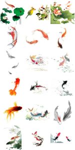 中国风古典复古水墨手绘墨迹鲤鱼锦鲤金鱼鱼类PNG免抠透明PS素材-设计猿