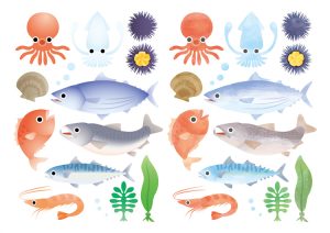 手绘海鲜海产品水产食用食材鱼类海鱼插画图案合集AI矢量手账素材-设计猿