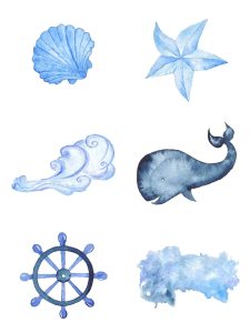高清水彩蓝色海洋鲸鱼海星贝壳船锚帽子图片PNG免抠PS插画图素材-设计猿