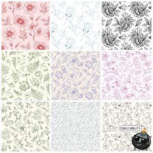 复古手绘线描花卉植物花草插画无缝平铺图案背景AI矢量JPG素材图-设计猿