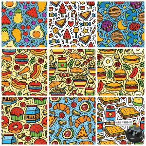 手绘趣味卡通美食快餐水果插画无缝平铺装饰图案AI矢量图JPG素材-设计猿