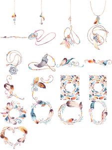 手绘水彩彩色护身符花环羽毛部落民族图案婚礼贺卡片PNG免扣素材-设计猿