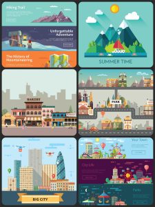 扁平化旅游建筑自然风景城市游乐园图案插画装饰AI矢量设计素材-设计猿