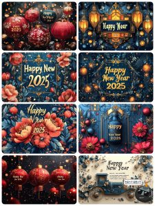 2025新年快乐新春花卉横幅鲜花富贵展板背景板海报AI矢量插图素材-设计猿