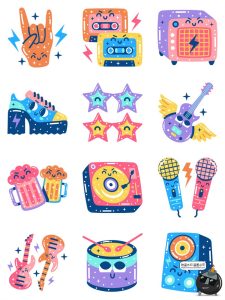 潮流Y2K可爱卡通复古音乐标签趣味流行元素插画AI矢量PNG免抠素材-设计猿