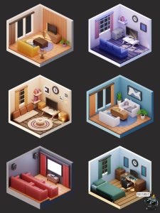 3D等距房间卧室浴室客厅布置摆设插图插画png免抠obj图片fbx素材-设计猿