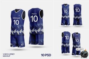 无袖V领3D篮球队服球服俱乐部套装运动训练服装PSD模板样机素材-设计猿