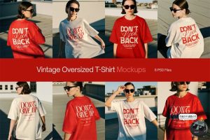 潮流宽松大码女装短袖T恤服装网红街拍场景展示效果图PSD样机素材-设计猿