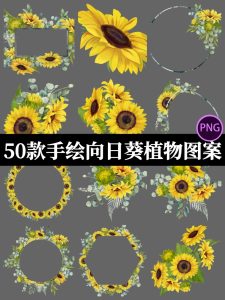 手绘水彩向日葵花朵叶子植物边框插画邀请函装饰PNG免扣设计素材-设计猿