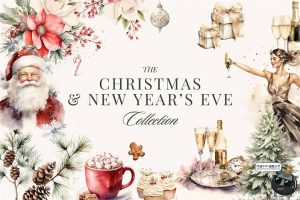 复古时尚圣诞节新年卡通水彩手绘装饰插图插画png免抠图片素材-设计猿