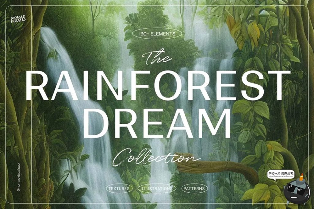 梦幻仙境超现实主义热带雨林瀑布艺术手绘插画背景JPG图片素材图-设计猿
