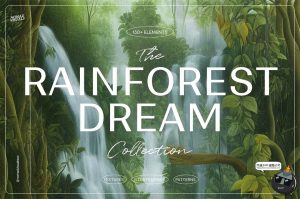 梦幻仙境超现实主义热带雨林瀑布艺术手绘插画背景JPG图片素材图-设计猿