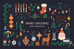 北欧扁平化圣诞节新年装饰复古手绘插图插画AI矢量PNG免抠素材图-设计猿