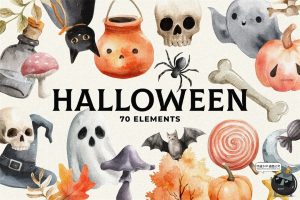 复古童话水彩手绘万圣节骷髅南瓜幽灵插画手账PNG免抠图片素材图-设计猿