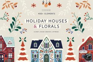 北欧冬季圣诞节新年房屋建筑花卉植物手绘插图插画AI矢量PNG素材-设计猿