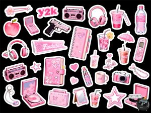 Y2K粉色风格手账贴纸道具白色描边清新氛围PSD素材-设计猿