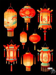 【原创可商用】国潮中式仿古灯笼元素插画图案手绘风PSD模板素材-设计猿